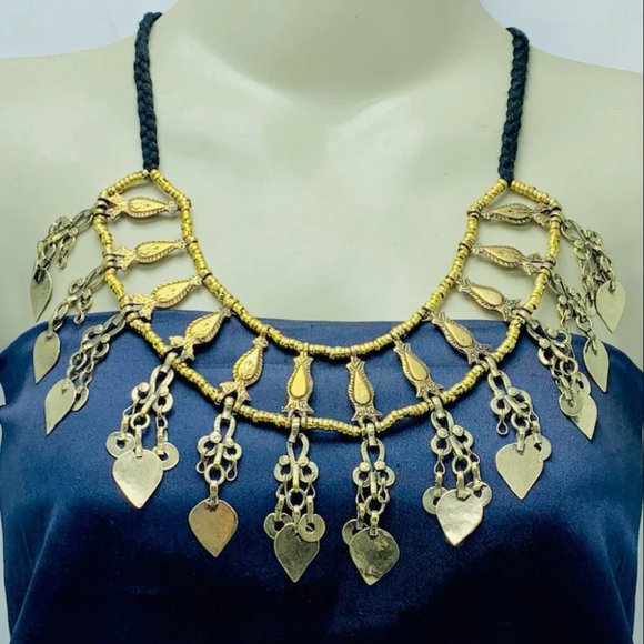 Modern Tribal Necklace, Handmade Metal Necklace With Dangling Silver Tassels - Picture 1 of 7